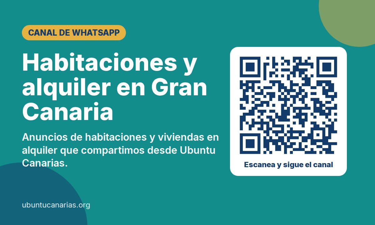 Imagen del canal de WhatsApp de habitaciones y alquiler en Gran Canaria de Ubuntu Canarias, con un código QR
