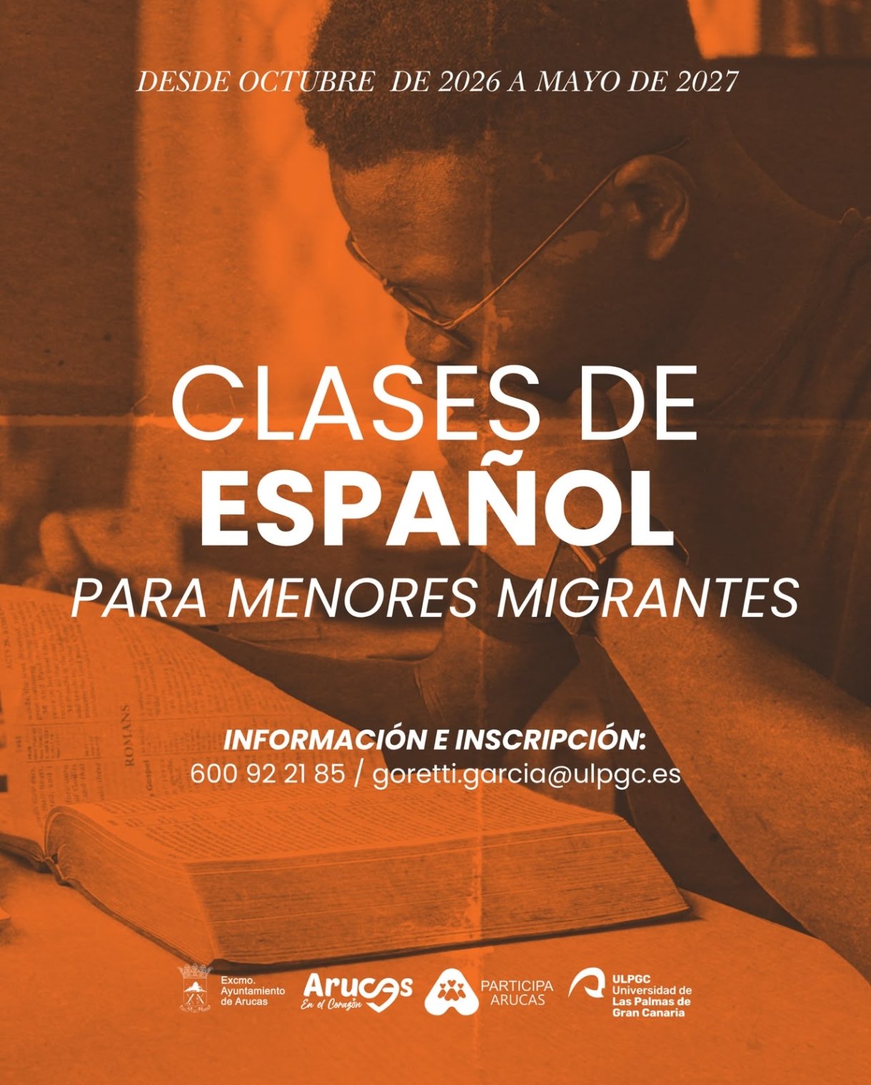 Cartaz das aulas de espanhol para menores migrantes, de outubro de 2026 a maio de 2027, com informação e inscrição no 600 92 21 85 e em goretti.garcia@ulpgc.es