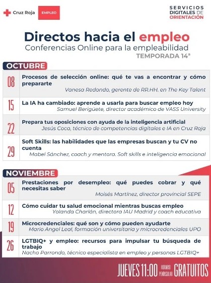 Cartaz de «Directos hacia el empleo», temporada 14, da Cruz Roja Empleo, com as oito conferências online de outubro e novembro de 2026