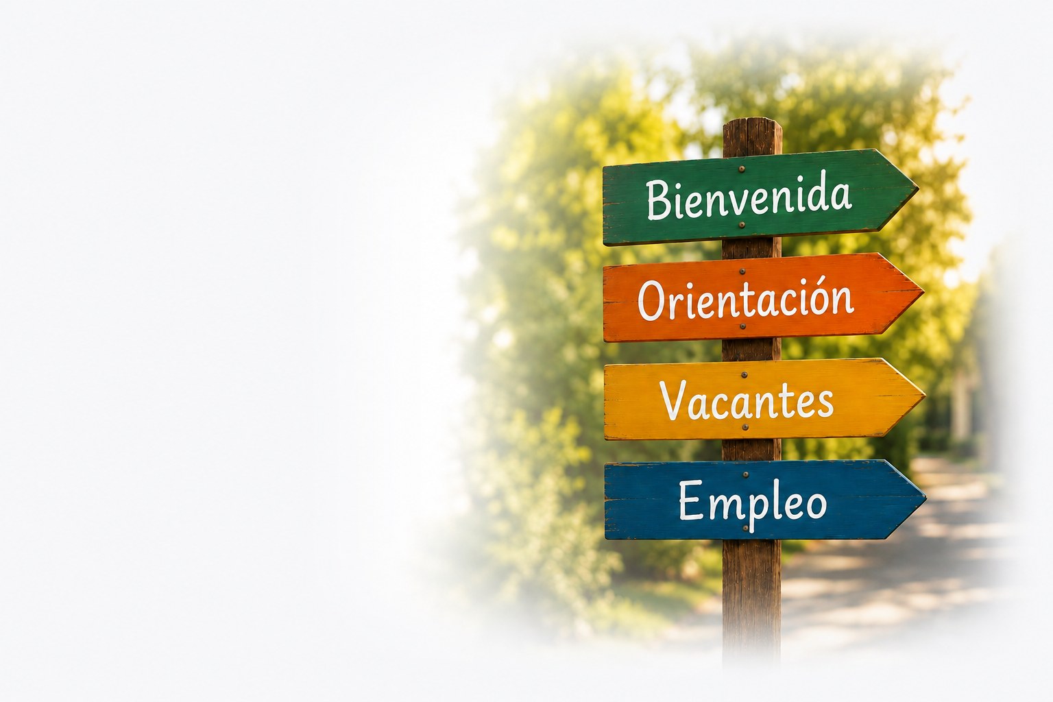 Cartel de madera con flechas de colores: Bienvenida, Orientación, Vacantes, Empleo