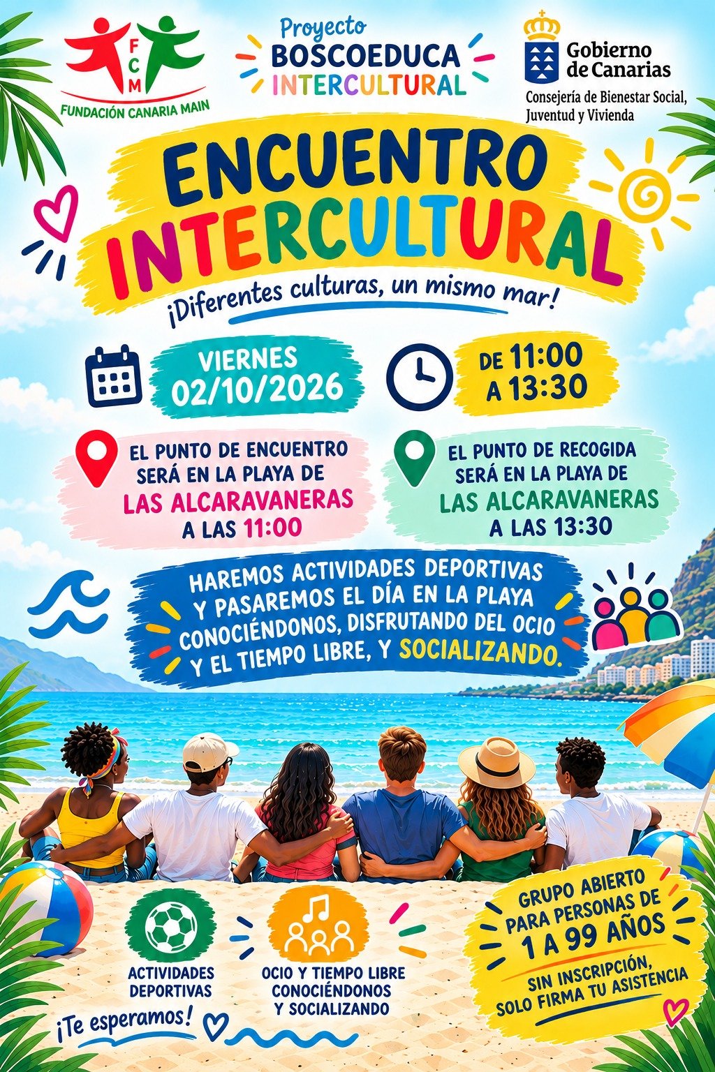 Cartaz do Encontro Intercultural «Culturas diferentes, um mesmo mar!» na praia de Las Alcaravaneras, sexta-feira 2 de outubro de 2026, das 11:00 às 13:30