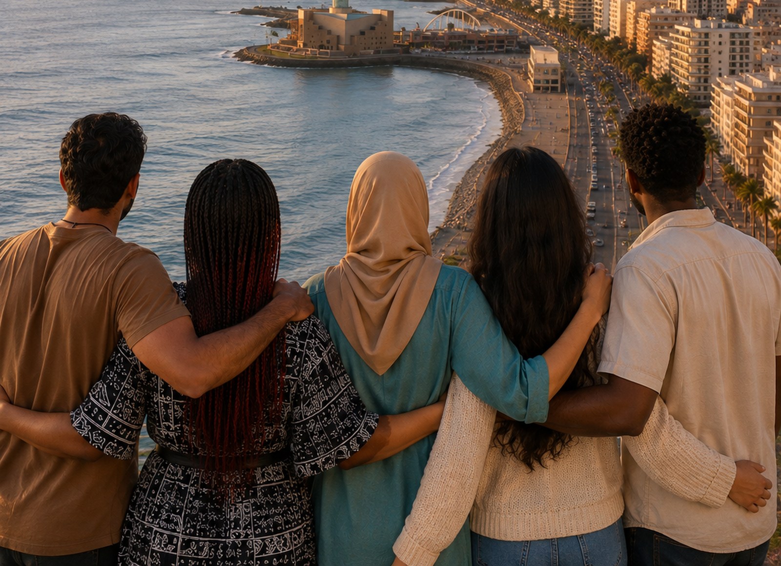 Grupo de personas de espaldas, abrazadas, mirando juntas la costa de una ciudad