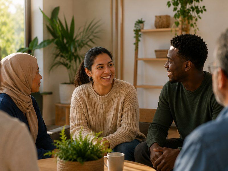 Grupo de personas conversando en un espacio cálido de escucha y apoyo