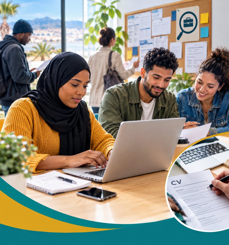 Personas buscando empleo con un portátil y un currículum en una oficina con vistas a Las Palmas de Gran Canaria